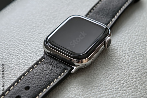 Close-up of a smartwatch with a polished metal case and black leather band