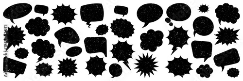 Grunge comic speech bubbles with handwritten text, brush strokes, ink smudges, acrylic stains or charcoal streaks. Hand drawn retro cartoon stickers. Chatting, message box. Vector illustration.