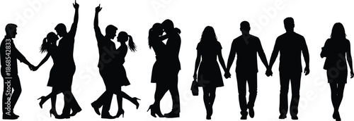 Silhouettes of couples in romantic poses, expressing love, intimacy, and emotional connection through dance, embrace, and affectionate gestures