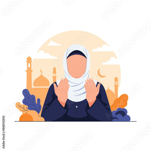 Woman in hijab praying with mosque background at sunset