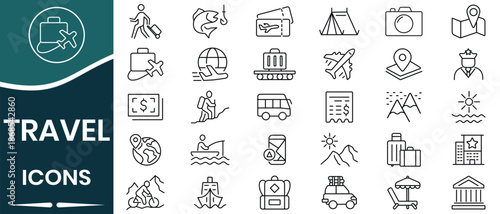Vacation travel  journey line icon set. Icon for hotel, holiday, tourism, beach, plane, map, fishing, globe and more. Vector illustration.
