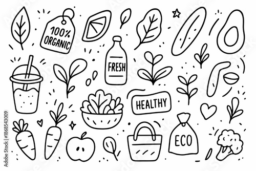 Hand-drawn doodle vector set of healthy and organic elements including fruits, vegetables, leaves, and natural food items created in a fun style, isolated on white background