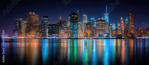 A cityscape at night, with towering buildings illuminated, reflected in calm waters below