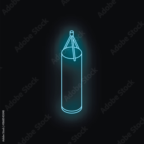 Light blue neon isometric punching bag glowing on black background, ideal for fitness and boxing concepts