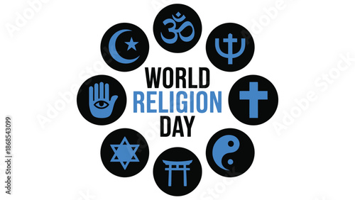 world religion day circular icon illustration with diverse religious symbols promoting faith, unity, interfaith harmony and global awareness