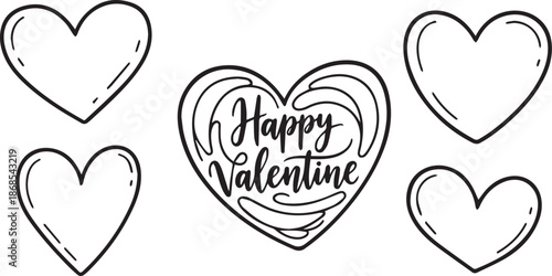 Happy Valentine hand drawn heart doodle set with cute bubble style frames for whimsical love themed designs