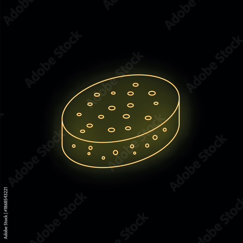 Neon sign of a round porous cosmetic sponge glowing on a dark background, beauty and makeup concept