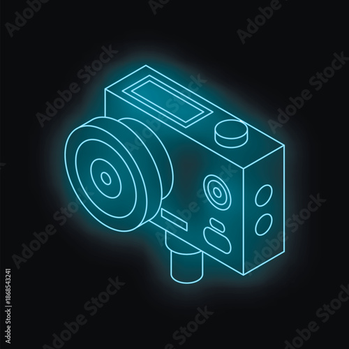 Glowing blue action camera with large lens, representing modern technology and adventure filming