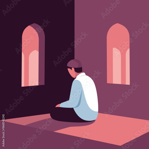 Man sitting in prayer on a mat in a serene room with arched windows