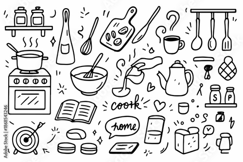 Hand-drawn doodle vector set of home cooking and kitchen life elements including utensils, pots, pans, and ingredients created in a fun style, isolated on white background