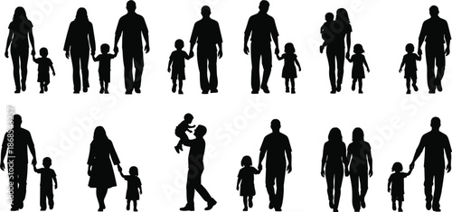 Silhouettes of diverse family groups in various poses, illustrating parenting, bonding, and emotional connection across generations and lifestyles