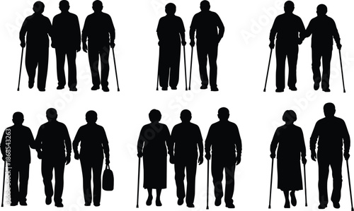 Silhouettes of elderly couples walking together, symbolizing aging, companionship, mobility support, and emotional connection in later life relationships