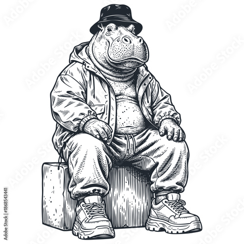 An anthropomorphic hippo in urban clothes: a hat, jacket, and sneakers. Cool animal character in a hand-drawn, engraving vector style. For a print.