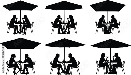 Silhouettes of people sitting at outdoor café tables under umbrellas, illustrating social interaction, conversation, and relaxed lifestyle moments