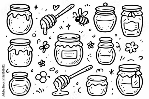 Hand-drawn doodle vector set of honey pots created in a fun sketchy ink-pen style, isolated on white background