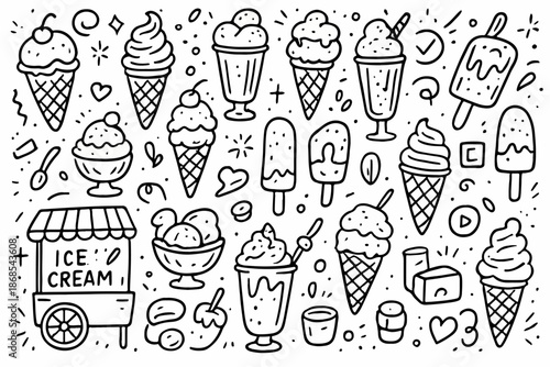 Hand-drawn doodle vector set of ice cream cones and sundaes including cones, scoops, toppings, and sprinkles created in a fun style, isolated on white background