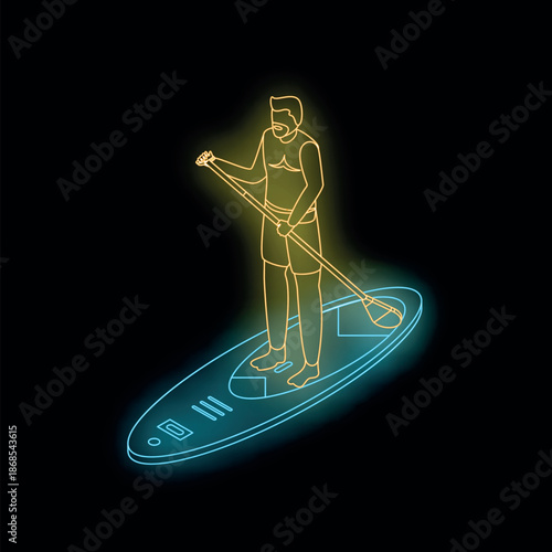 Neon sign of a man standing on a paddle board holding a paddle