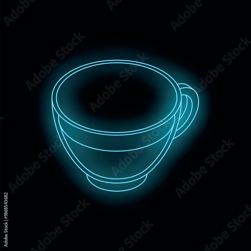 Neon glowing cup on dark background, representing concepts like morning coffee, breakfast, or late night drinks