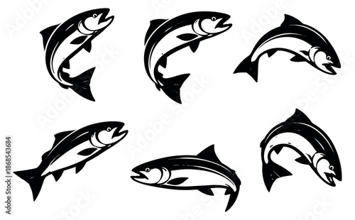 Stylized graphic salmon set featuring fish in various jumping and swimming poses for fishing and aquatic themes