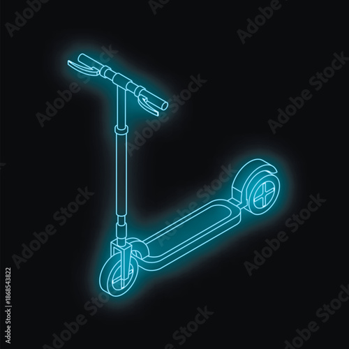 Neon blue electric scooter glowing on black background representing sustainable urban mobility and transportation