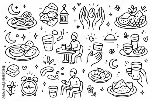 Hand-drawn doodle vector set of Iftar-themed icons including dates, drinks, plates, and festive decorations created in a fun sketchy style, isolated on white background