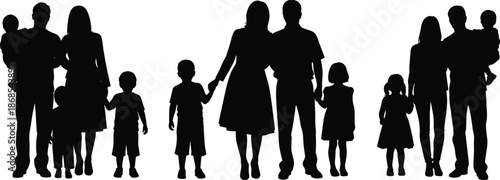 Silhouettes of three family groups standing together, representing unity, caregiving, and emotional connection across diverse parenting and child relationships