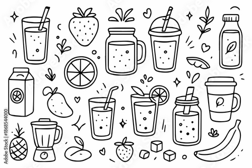 Hand-drawn doodle vector set of juices and smoothies including glasses, cups, straws, and fruit garnishes created in a clean style, isolated on white background