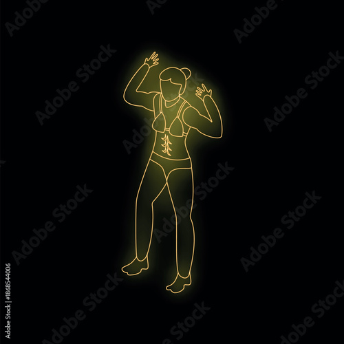 Neon light style illustration of a woman dancing wearing fluorescent bikini on black background