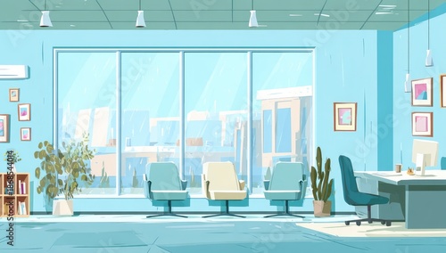 Modern Office Waiting Area with Blue Theme.