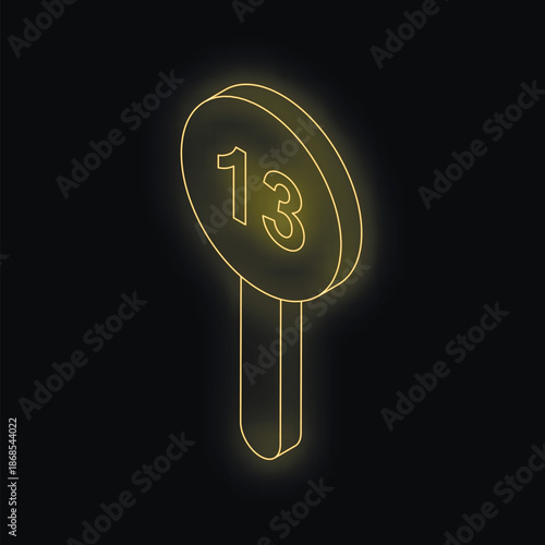 Glowing neon number thirteen sign on black background, representing superstition, fear, and the unknown