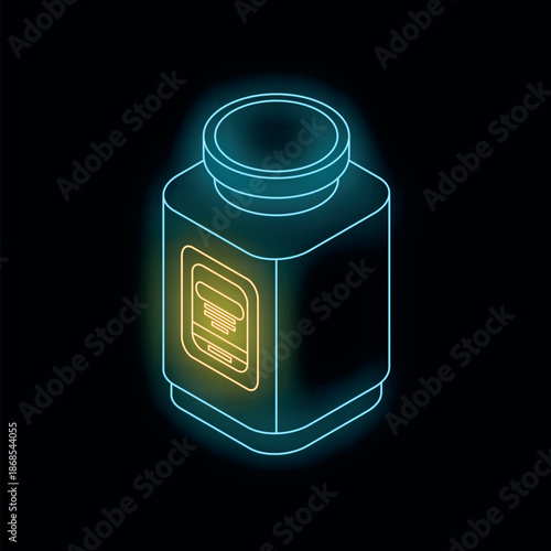 Glowing neon line medicine bottle and pills icon isolated on black background. Bottle pill sign. Pharmacy design. Isometric view