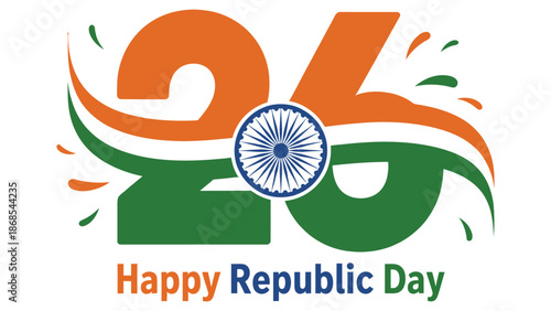 happy republic day of india 26 january celebration design with tricolor typography, ashoka chakra and festive confetti on white background