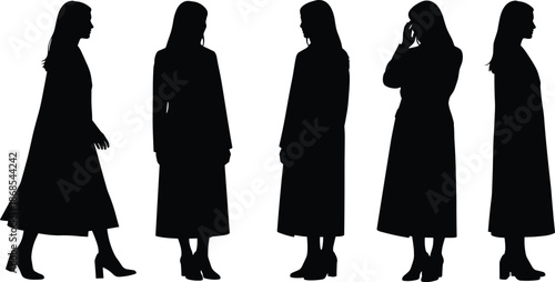 Silhouettes of woman in long dress and heels captured in expressive poses, showcasing elegance, fashion, and graceful movement