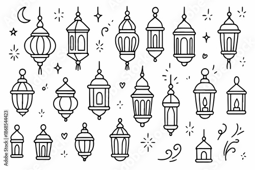 Hand-drawn doodle vector set of lantern outline icons including traditional and decorative lanterns created in a fun sketchy style, isolated on white background