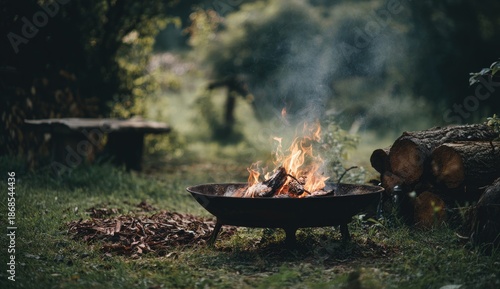 A smoldering campfire in a metal fire pit amidst the woods with logs in the backdrop