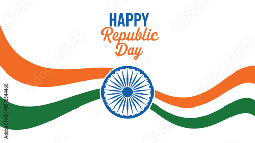 happy republic day of india banner with tricolor wave design and ashoka chakra on white background