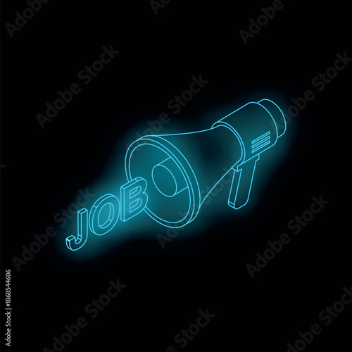 Glowing megaphone spreading job advertisement, representing work recruitment and career search