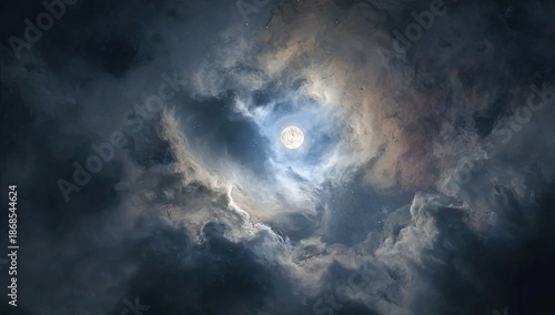 Celestial nighttime scene featuring a brilliant full moon peeking through dynamic swirling clouds
