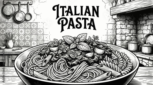 Italian pasta with tomato sauce and herbs Black and white vector illustration, showcasing simple yet iconic European cuisine