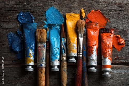 Tubes of colorful paint squeezed with brushes, resting atop a weathered wooden surface