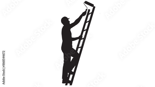 A silhouetted painter on a ladder is actively engaged in painting illustrating home improvement and renovation work