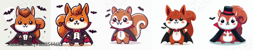 Adorable cartoon squirrels in various vampire costumes, featuring capes, fangs, and flying bats, perfect for a cute Halloween theme.