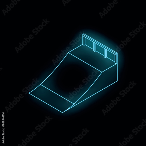 Isometric view of a glowing neon blue skateboard ramp on a black background, ideal for extreme sports or recreational themes