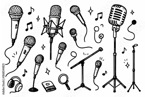 Hand-drawn doodle vector set of microphones and mic stands including handheld and studio mics created in a fun style, isolated on white background