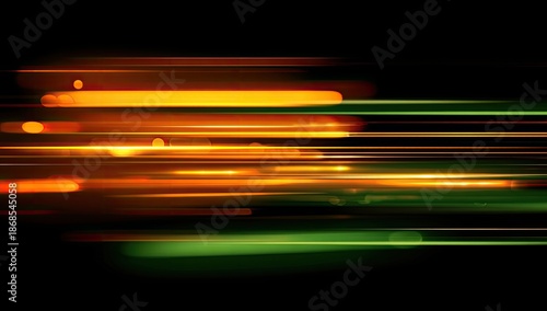 Horizontal streaks of luminous orange, green, and yellow lights on black background