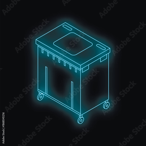 Isometric glowing neon industrial waste container on wheels on black background