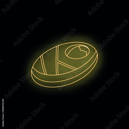 Neon yellow glowing baby moses basket radiating a soft light on a black background, perfect for projects related to childcare, religion, or baby products