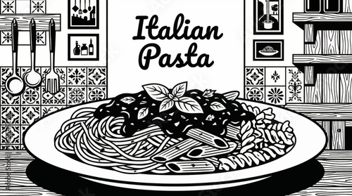 Italian pasta with tomato sauce and herbs Black and white vector illustration, showcasing simple yet iconic European cuisine