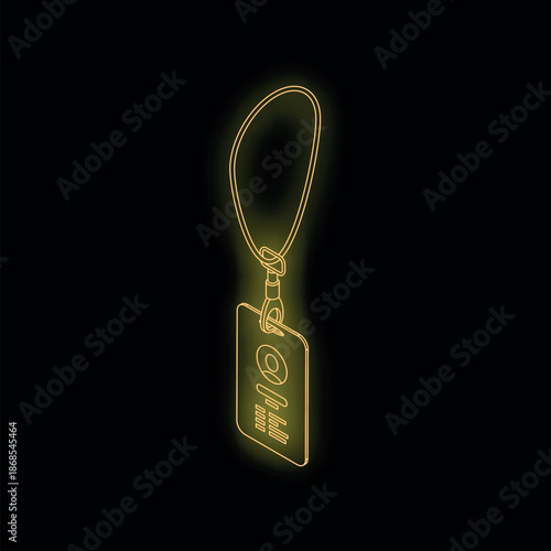 Neon yellow identification card hanging with lanyard glowing on black background, representing identity, security, and access