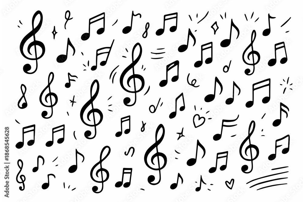 Fototapeta premium Hand-drawn doodle vector set of music notes and treble clefs created in a fun style, isolated on white background